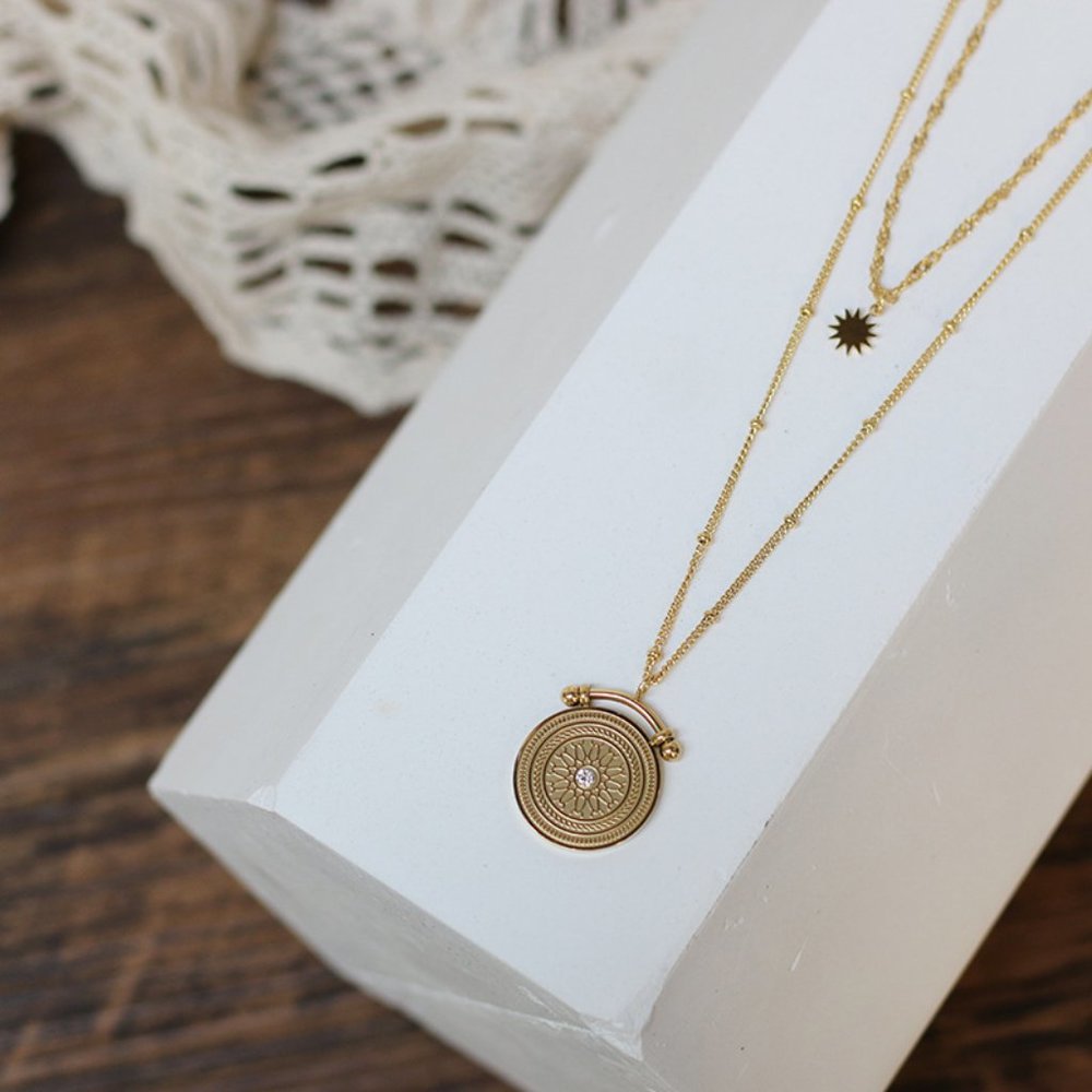 NEW 18K Gold Plated Vintage Diamond Coin Star Double Layer Necklace - Picture 8 of 14